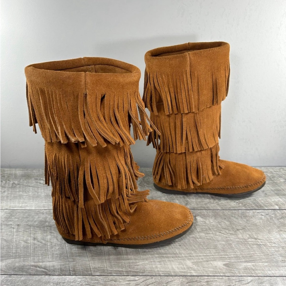 Minnetonka Moccasins 1632 Women's 3 Layer Fringe Mocs Boots Brown Suede Size 6